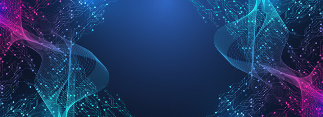 Fototapete - Quantum technologies concept. Deep learning artificial intelligence. Circuit board texture background design. Big data algorithms visualization. Neural networks illustration.