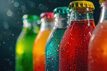 Poster - Close-up of a row of soda bottles with water droplets. Ideal for beverage industry concepts