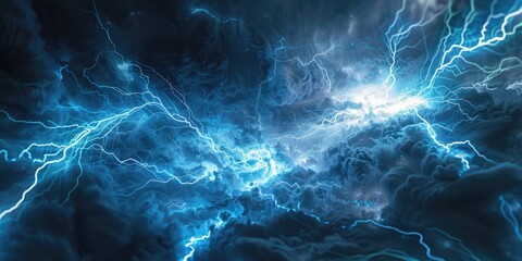 Wall Mural - dramatic blue and black sky with lightning and clouds. suitable for weather or natural disaster conc