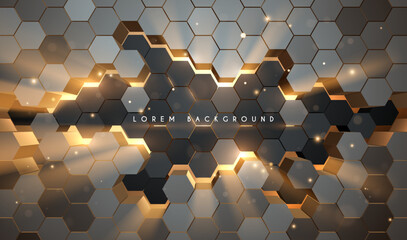 Wall Mural - metal hexagon shapes background with golden light effect