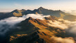 Alpine panorama with several peaks and clouds in the valleys. sunrise over the mountains