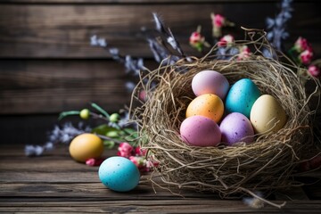 Easter eggs in nest on rustic wooden planks - generative ai