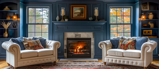 living room with fireplace, two white sofa and a blu wall, fireplace