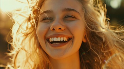 Canvas Print - A woman smiling with her hair blowing in the wind. Suitable for lifestyle and beauty concepts