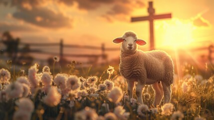 Canvas Print - A sheep standing in a field with a cross in the background. Suitable for religious themes