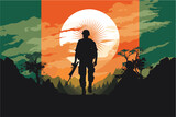 Fototapeta Pokój dzieciecy - Silhouette of saluting soldiers with Bangladesh flag, Sunset background, National holidays