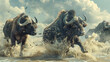 búfalos em rodeio escapando de um tsunami