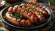 Grilled sausages with fresh parsley on rustic table