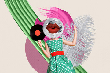 Poster - Collage artwork graphics picture of funky lady disco ball instead head enjoying pin up party isolated painting background