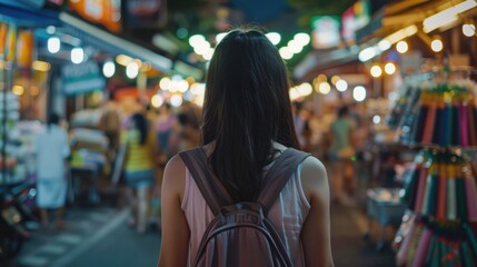 A woman walking down a street with a backpack. Suitable for travel and urban lifestyle concepts