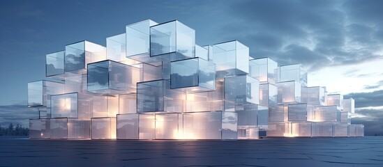 Wall Mural - A tower block made of ice cubes is floating in the middle of the ocean, against a backdrop of a cloudy sky. The facade resembles a city skyline