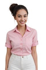 Wall Mural - Stylish young woman wearing a pink office shirt, smiling and looking at the camera.  isolated, transparent background, no background. PNG.