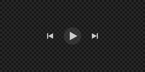Wall Mural - Play, fast forward and rewind buttons on dark transparent background. Video player template. Empty movie screen. Push, click or record icon on multimedia window interface. Vector illustration.
