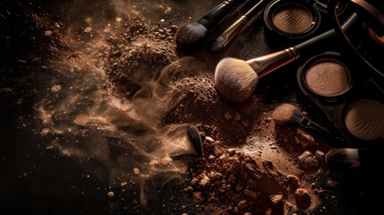 Wall Mural - composition of makeup products, cosmetic powders and makeup brushes