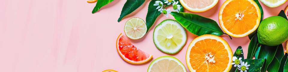 Poster - Pink background with sliced ​​lemon, lime, orange
