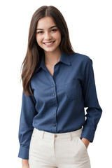 Stylish young woman wearing a blue office shirt, smiling and looking at the camera. isolated, transparent background, no background. PNG.