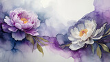 Fototapeta Kwiaty - Piwonie akwarela. Abstrakcyjne fioletowe tło kwiatowe. Wiosenne kwiaty, pastelowe kolory