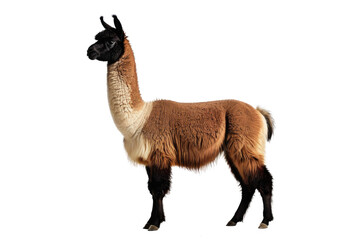 Wall Mural - Llama, full body, standing upright, exquisite fine texture of its wool coat visible, ears perked up in alertness, isolated against a stark white backdrop, professionally lit