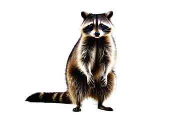 Wall Mural - Raccoon, full body portrait, standing alert, sharp focus, isolated on pure white background, high-resolution stock photo, studio lighting, eye contact, natural pose, subtle shadow casting