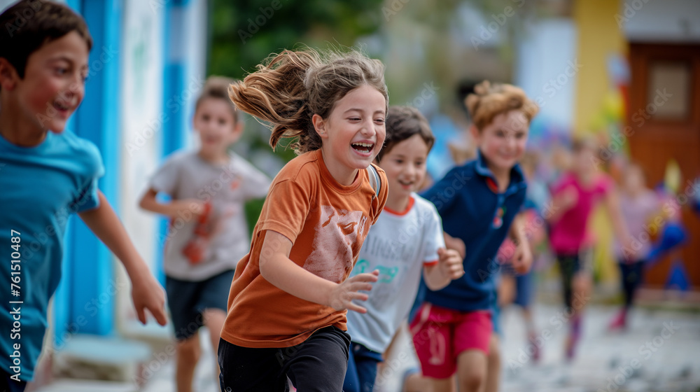 Joyful Children Racing in Schoolyard on International Children's Day ...