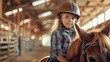 Young brown-haired girl practices riding a horse