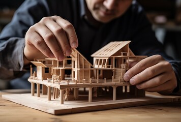 A male architect is working on an architectural model of her design. he uses natural materials such as wood or paper to create details. A closeup shot focuses on the architectural model