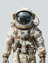 A Detailed, Close-up Shot Of A Weathered Astronaut In A Vintage American Space Suit, Illustrating The Early Era Of Space Exploration