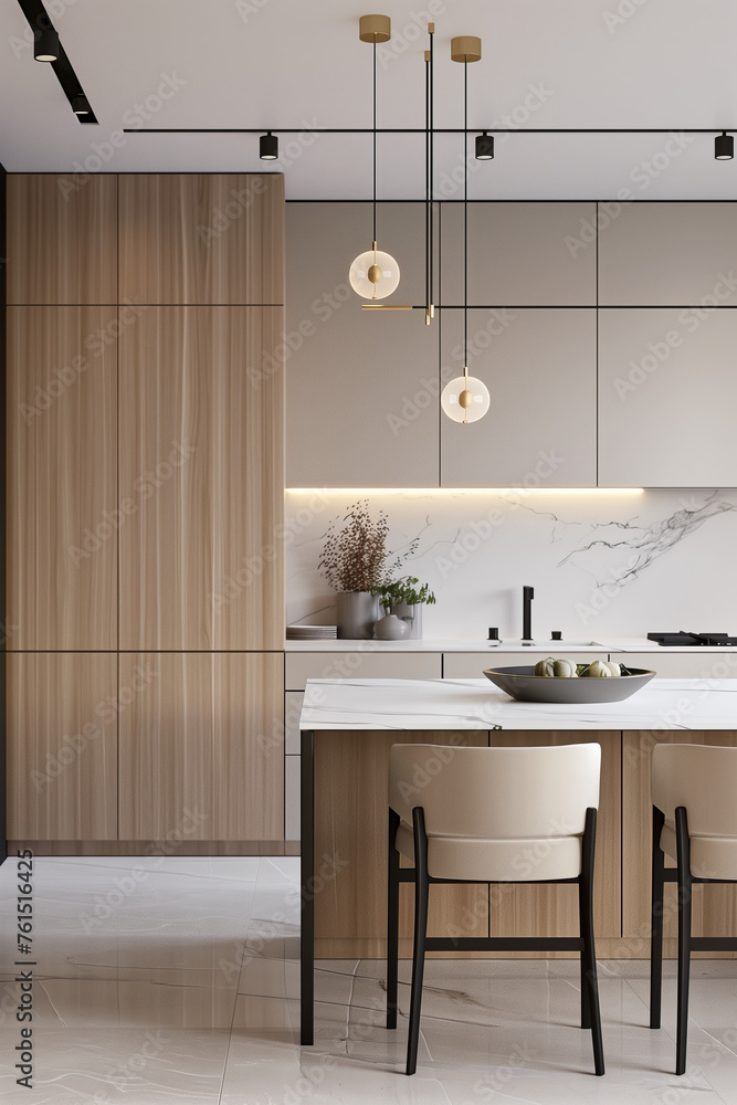 minimalist modern kitchen with light wood cabinets and white marble ...