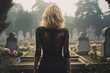 © deagreez - Rear view ai generated picture of sad lonely beautiful girl standing in a cemetery looking at graves