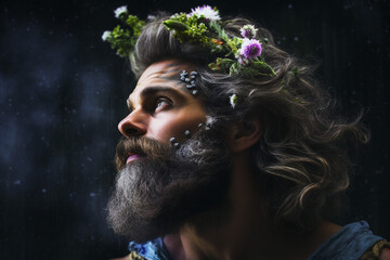 Poster - Portrait of fantasy mysterious man wear flourish wreath from flowers and plants generative AI