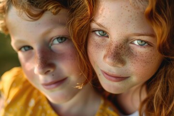 Canvas Print - Close up of two children with freckles on their faces. Suitable for various projects