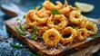 Freshly cooked fried squid on a rustic wooden cutting board. Great for seafood restaurant menus