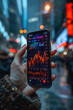 © Synthetica - Stock trading investor, trader or broker using crypto exchange platform app on smartphone analysing exchange market chart investing money in financial market on mobile screen with cell phone in hands.