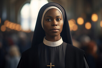 Wall Mural - Generated with AI image of young catholic nun praying in church