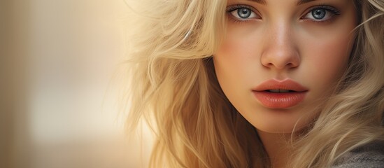 Canvas Print - A closeup of a womans face with blonde layered hair, blue eyes, long eyelashes, and a delicate nose and cheek. Her jawline and neck are elegantly defined, and she gestures gracefully