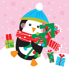 Canvas Print - penguin with christrmas tree greeting card design