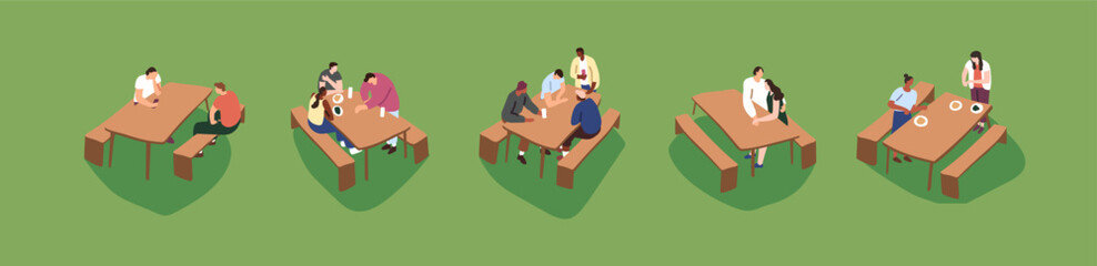 Wall Mural - People sit on the tables. Happy friends meeting outdoor in summer. Family eating food, drinks refreshing beverages on picnic. Couple spends time together in park. Flat isolated vector illustrations