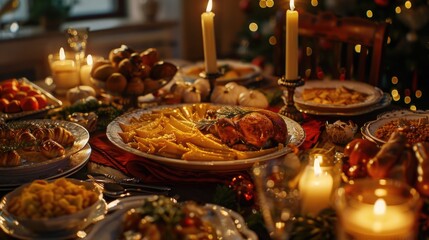 Poster - A table set with plates of food and lit candles. Suitable for dining and celebration concepts