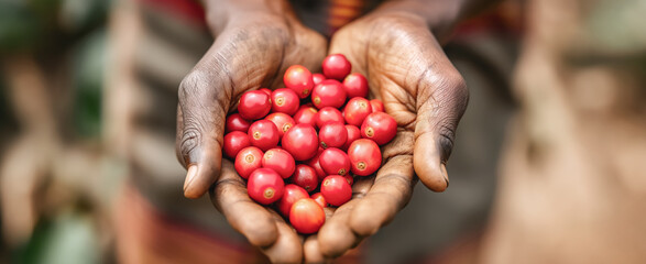 Wall Mural - Coffee picker or farmer showing handful of freshly harvested crop raw red cherries. Generative AI