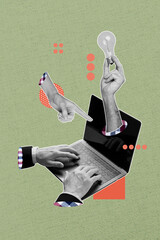 Wall Mural - vertical creative picture collage typing hands laptop device electric lamp idea strategy concept inv