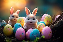 Cute Creative Photo With Easter Eggs, Some Eggs As The Easter Bunny - Generative Ai
