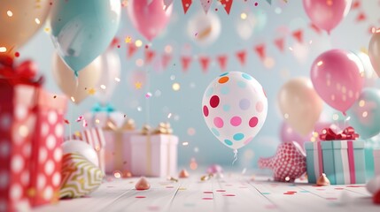 Colorful balloons and gifts arranged on a table, perfect for celebrations and parties