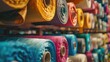 Colorful rolls of fabric neatly displayed on a shelf, ideal for textile or craft projects