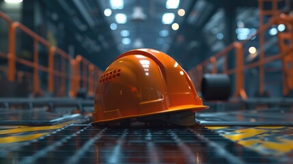 Protective hard hat on metal surface, suitable for construction projects