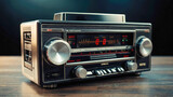 Fototapeta  - Vintage radio on wooden table, vintage style, selective focus