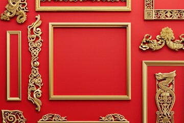 Wall Mural - A collection of ornate gold frames hanging on a red wall. Ideal for interior design projects