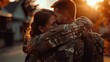 Soldier embracing his wife on his homecoming. Serviceman receiving a warm welcome from his family after returning from deployment. Military family having an emotional reunion.