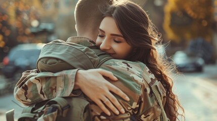 Sticker - Soldier embracing his wife on his homecoming. Serviceman receiving a warm welcome from his family after returning from deployment. Military family having an emotional reunion.