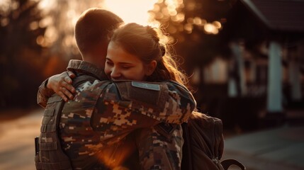 Sticker - Soldier embracing his wife on his homecoming. Serviceman receiving a warm welcome from his family after returning from deployment. Military family having an emotional reunion.