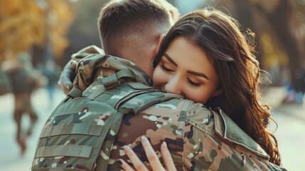 Sticker - Soldier embracing his wife on his homecoming. Serviceman receiving a warm welcome from his family after returning from deployment. Military family having an emotional reunion.